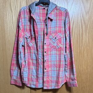 Pink and Gray Plaid Button-Up Shirt with Removable Hood